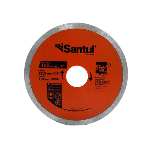 Para corte extra fino.,Corte de materiales de construcción en general.,Diámetro: 4"(102 mm).,Eje: 7/8"(22.23 mm).,Espesor:5/64" (1.9 mm).,Velocidad 13300 RPM,Incluyen reductores 7/8 a 5/8 y 7/8 a 3/4,Ideal para materiales muy abrasivos concreto, ladrillo, mármol, loseta y otras piedras naturales, excepto granito y cantera.,Usar guantes y lentes de protección al momento de su uso.