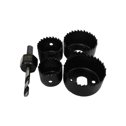 Juego de 5 corta círculos.,Broca tratada térmicamente.,Medidas: 1-1/4", 1 1/2", 2", 2-1/8" y mandril guía de 1/4",Ideal para instalar cerradura (madera, aluminio y plástico).