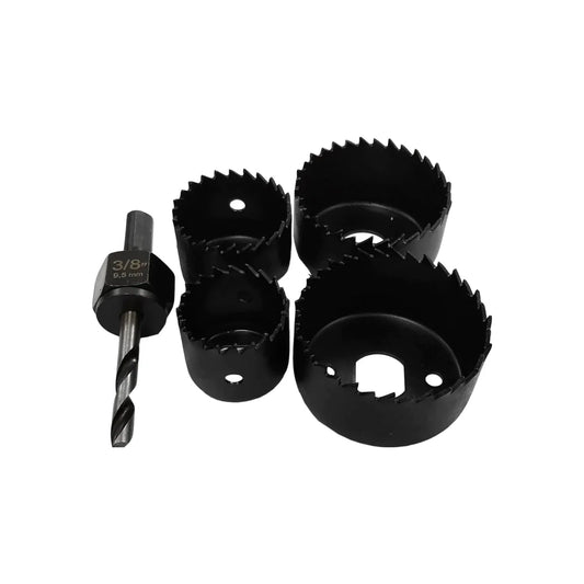 Juego de 5 corta círculos.,Broca tratada térmicamente.,Medidas: 1-1/4", 1 1/2", 2", 2-1/8" y mandril guía de 1/4",Ideal para instalar cerradura (madera, aluminio y plástico).