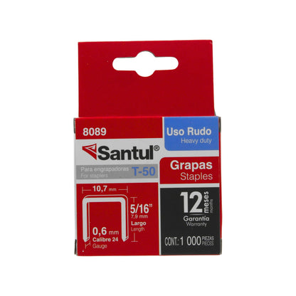 Grapas Santul T-50 5/16" (7.9mm) calibre 24 uso rudo, 1000 piezas para engrapadora