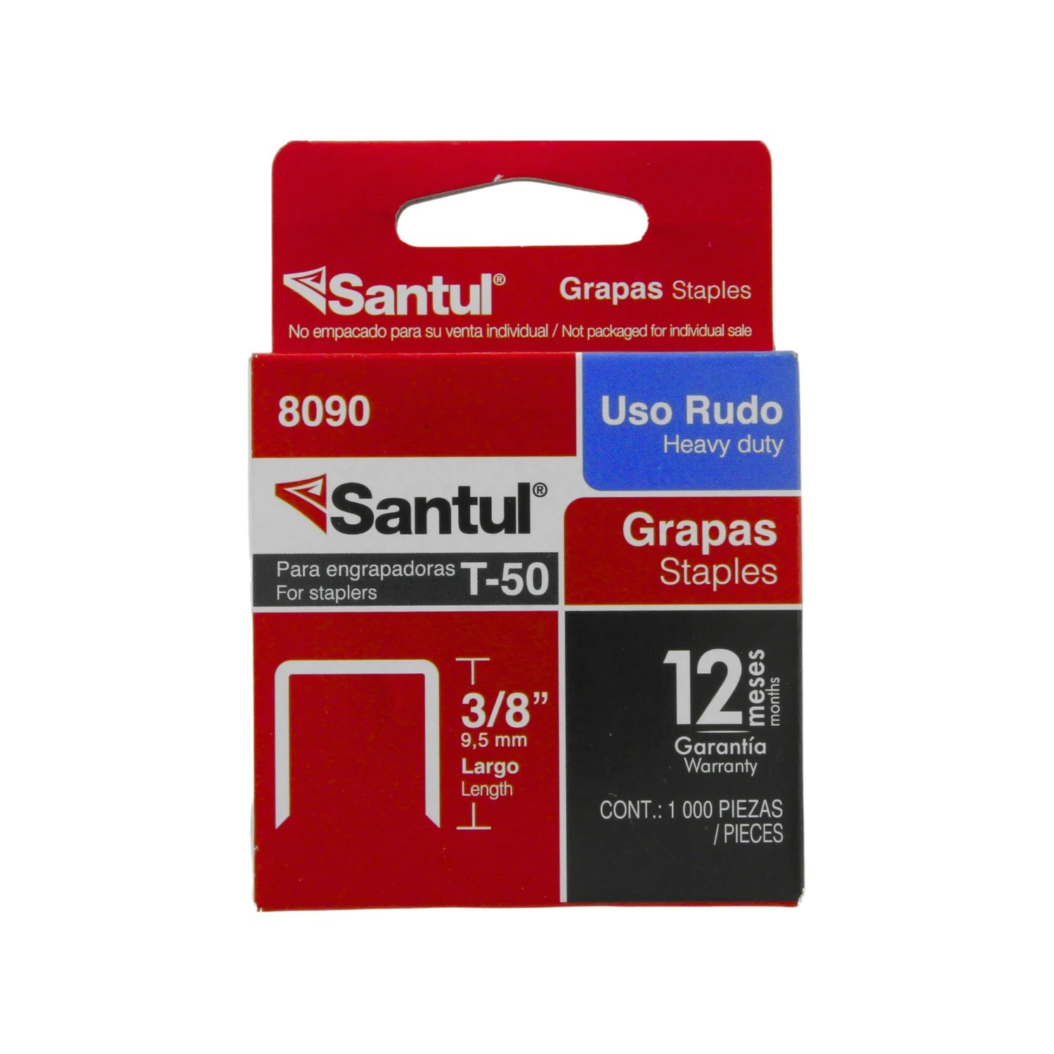 Grapas Santul 8090 T-50 uso rudo de 3/8 pulgada (9.5mm) para engrapadora, paquete de 1000 piezas