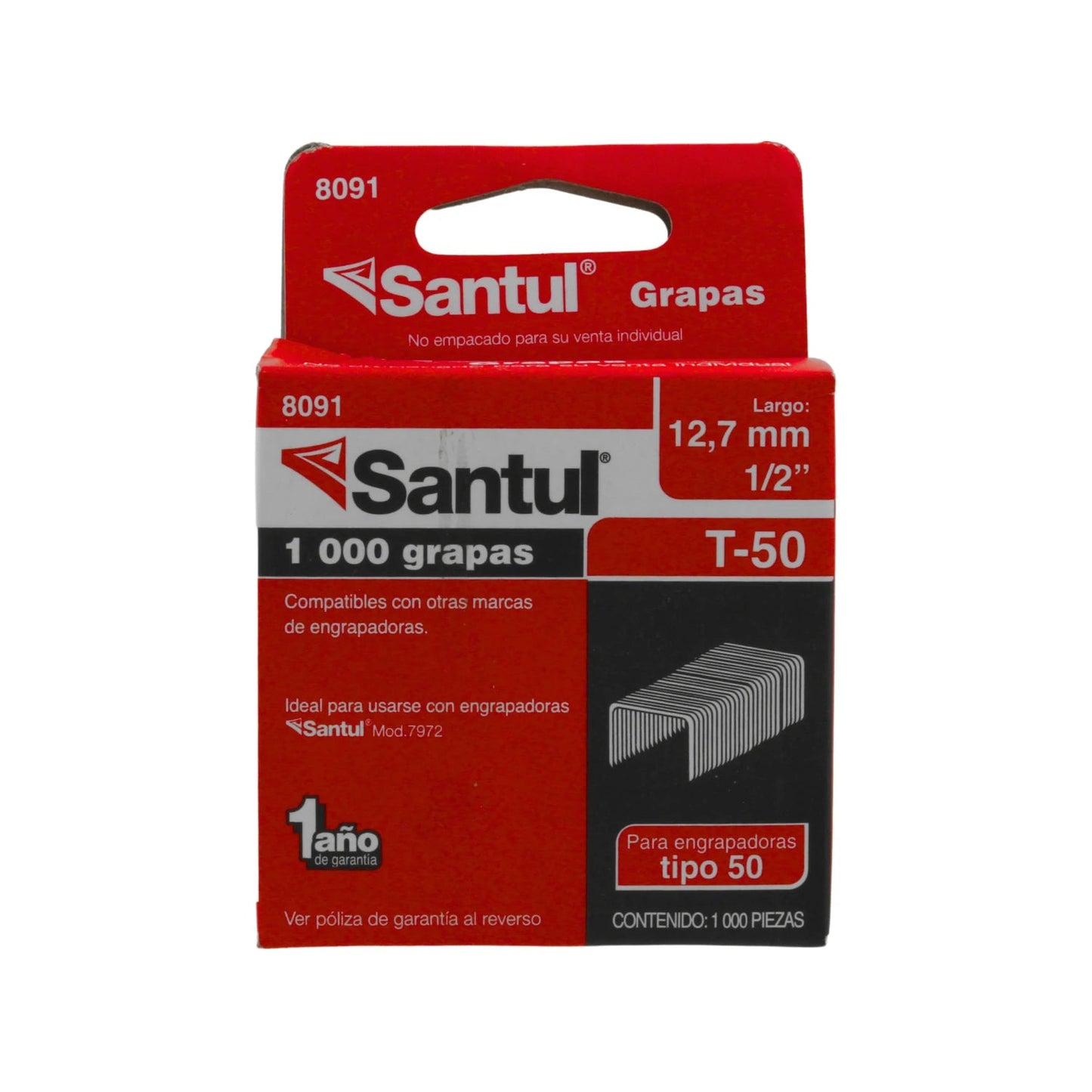 Grapas Santul T-50, 12.7mm (1/2") para engrapadoras, paquete de 1000 piezas, código 8091
