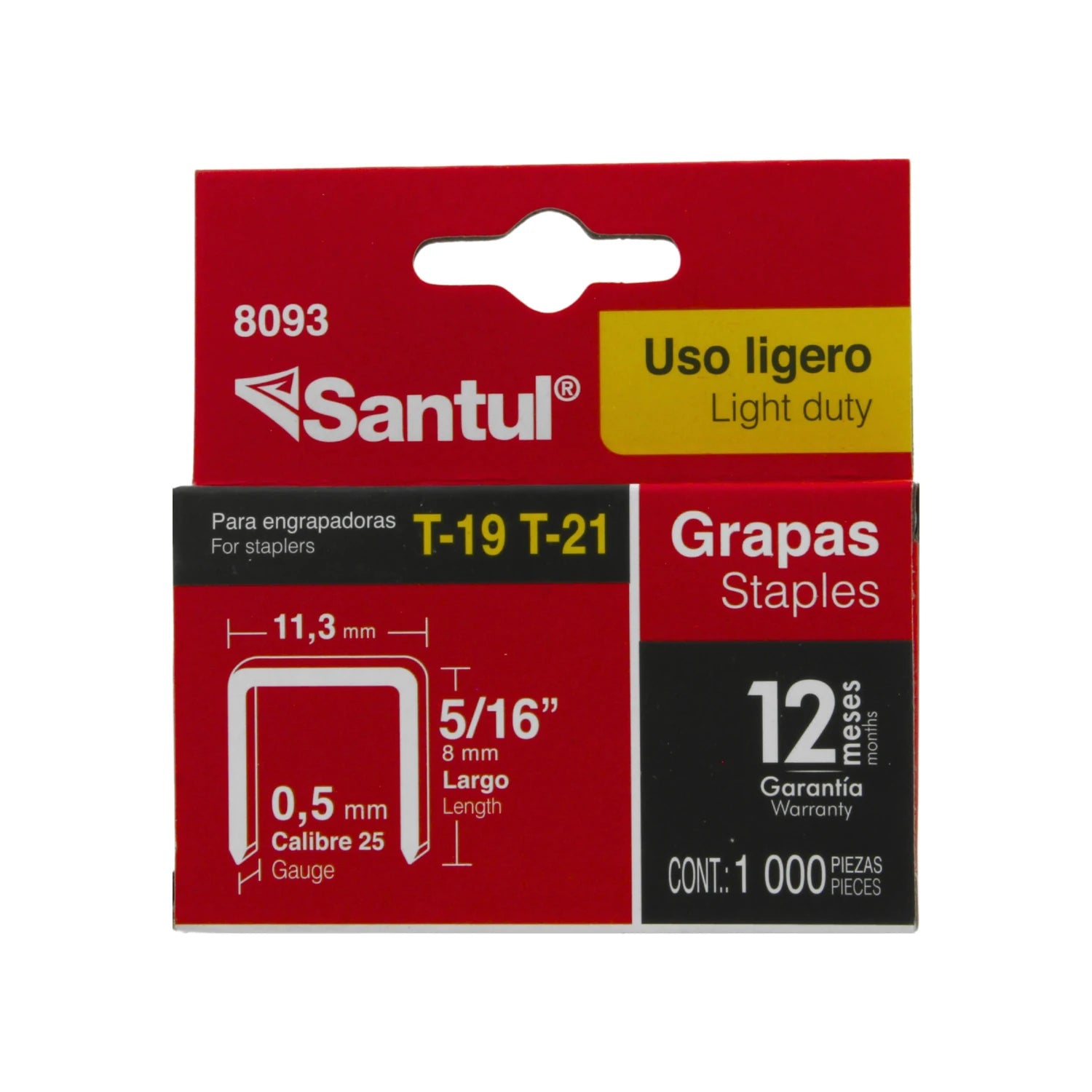 Grapas Santul 8093 para engrapadoras T-19 T-21, 5/16" (8mm) calibre 25, 1000 piezas uso ligero