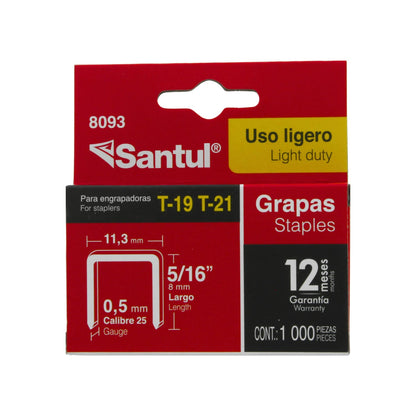 Grapas Santul 8093 para engrapadoras T-19 T-21, 5/16" (8mm) calibre 25, 1000 piezas uso ligero