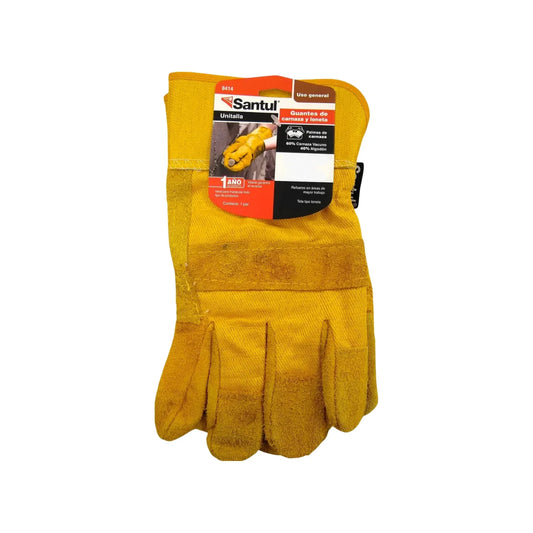 Composición 60% carnaza vacuna 40% algodón.,Guante de carnaza y loneta unitalla.,Puños de seguridad.,Resistente a materiales abrasivos, el desgarre y la perforación.