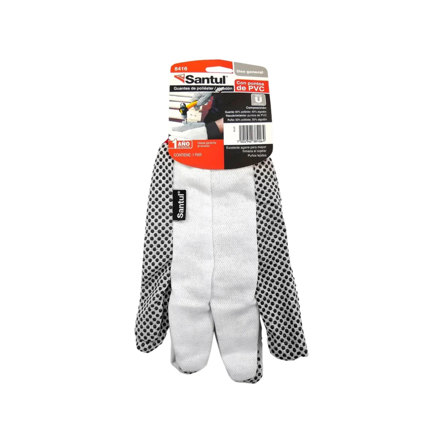 Guantes Santul 8416 de trabajo antiderrapantes blancos con puntos PVC, mezcla poliéster/algodón para agarre firme.