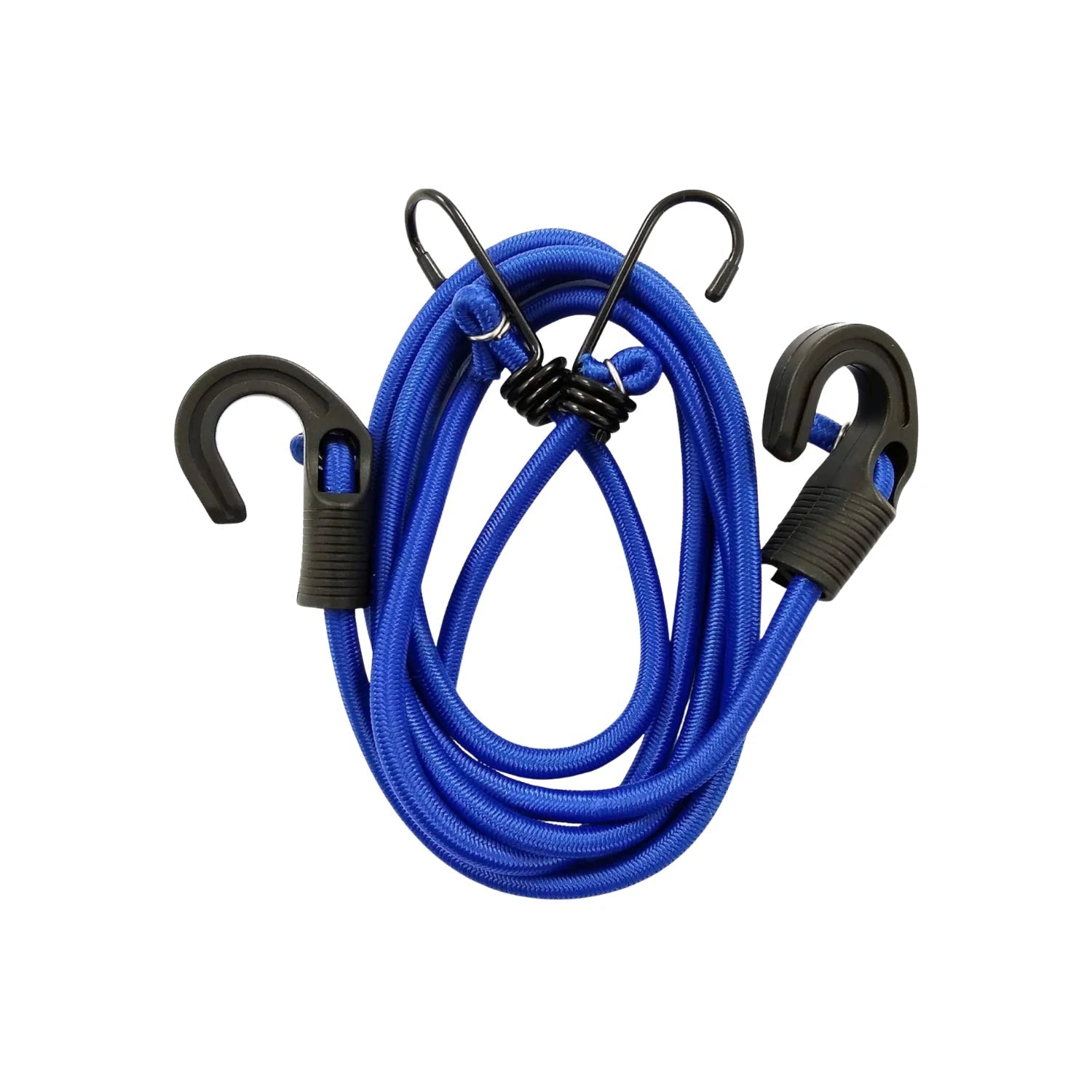 Tensor elástico azul con ganchos negros resistentes para asegurar carga y objetos en transporte.