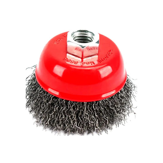 Carda de copa roja con alambres de acero crimpados para esmeriladora, ideal para desbaste y limpieza de metal.