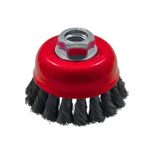 Carda de copa con alambre trenzado para esmeriladora, cepillo de desbaste rojo para metal