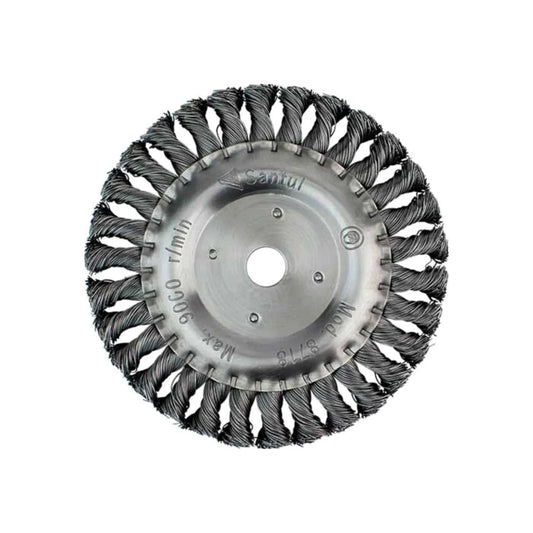 Carda circular Santul 8718 trenzada de acero para amoladora, 9000 RPM, desbaste y limpieza de metal.