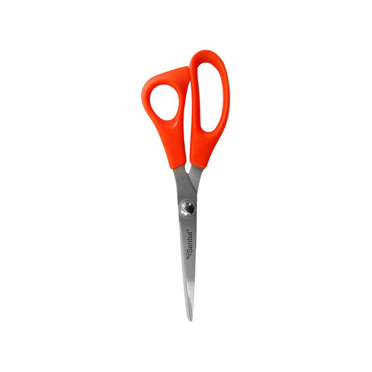 Tijera de uso general Santul con mango ergonómico naranja y hojas de acero inoxidable, ideal para casa y oficina