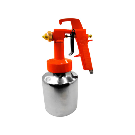Vaso de aluminio y Válvula reguladora de rocio.,Capacidad de 1 litro y flujo de aire controlado.,Boquilla de laton solido y flujo de aire controlado.,Pistola de succion con ajuste de abanico 22cm y conector macho de 1/4 NPT
