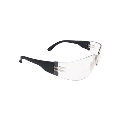 Lente de seguridad transparente con armazón negro para protección ocular industrial y de ferretería