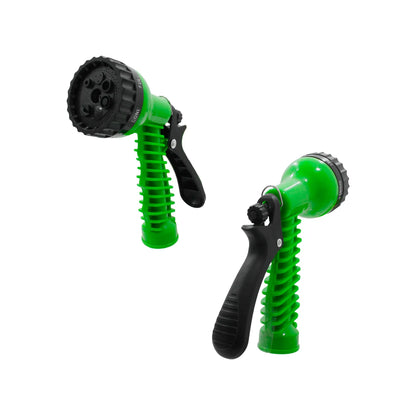 Boquilla de manguera verde y negra, pistola de riego multi-patrón ajustable para jardín, mango ergonómico.