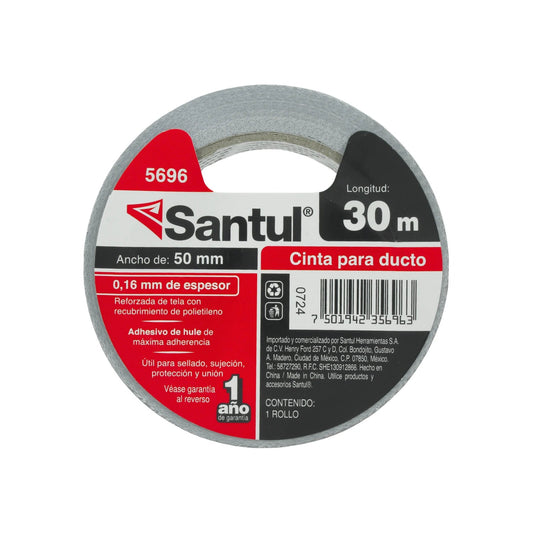 Cinta para ductos Santul 5696 gris 30m x 50mm, 0.16mm espesor, adhesivo hule, para sellado y sujeción.