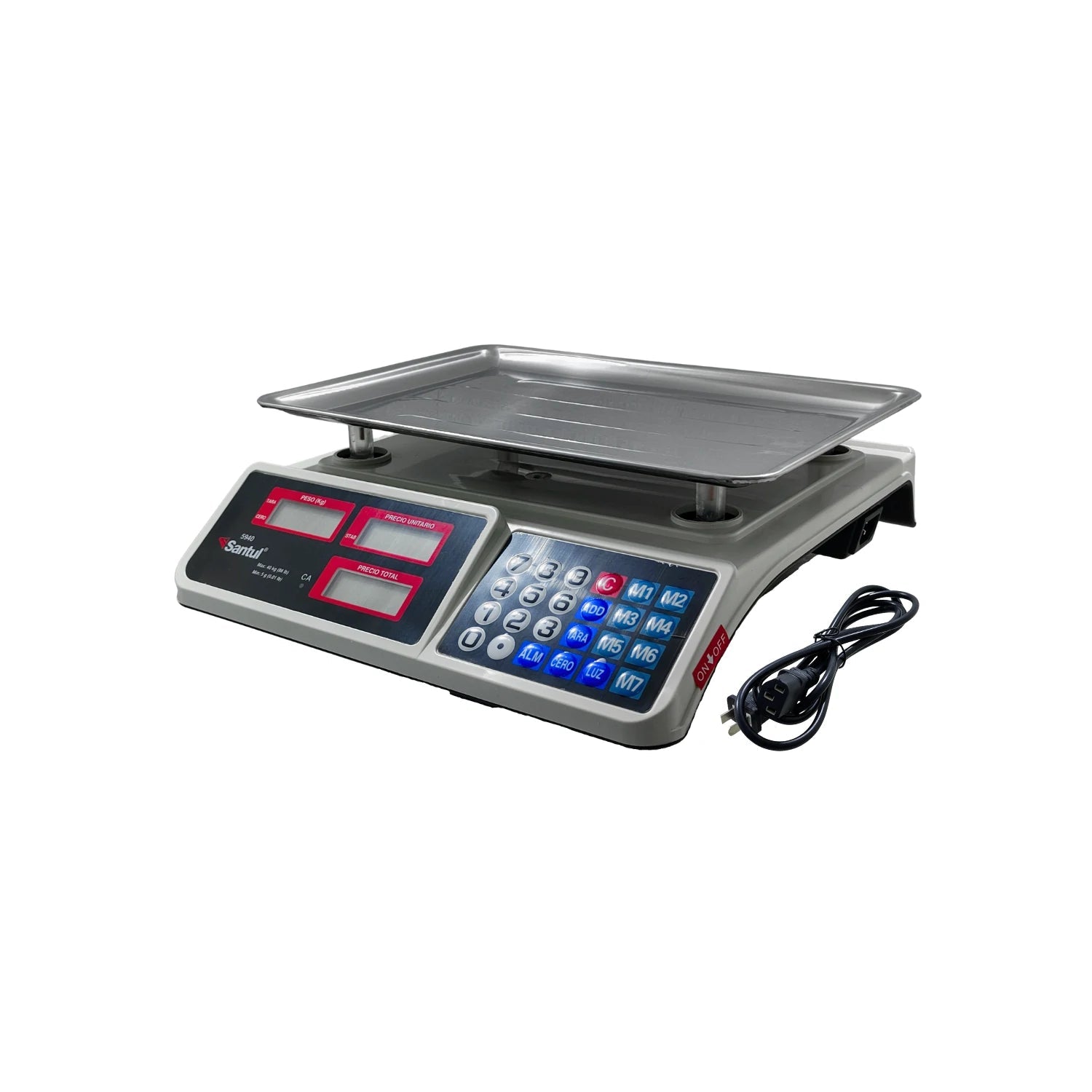 Báscula electrónica Santul 5940 para comercio, 40 kg, bandeja acero inoxidable, cuerpo gris/blanco, pantalla digital y teclado.