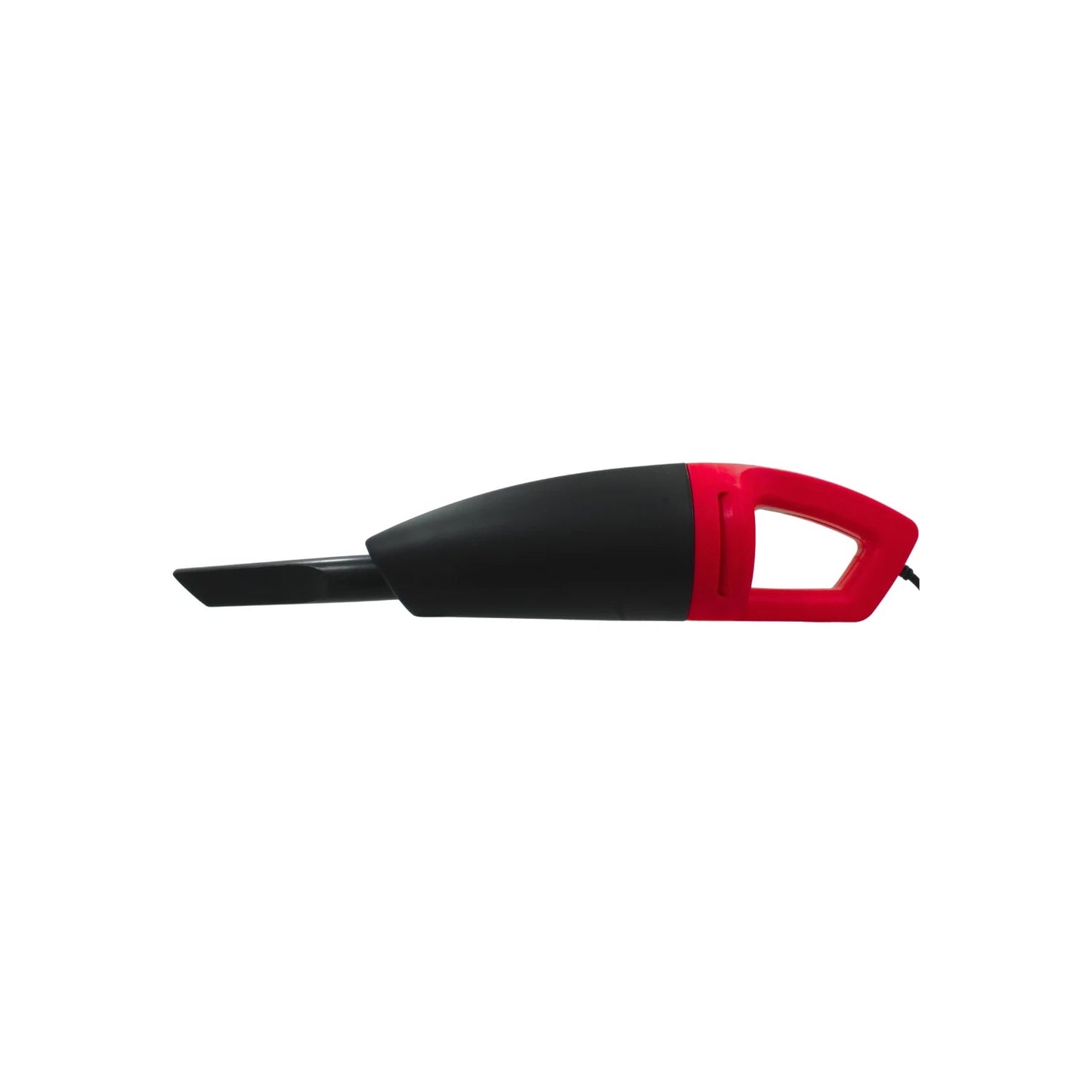 Aspiradora para auto portátil 12V negra con detalles rojos y boquilla estrecha para limpieza interior