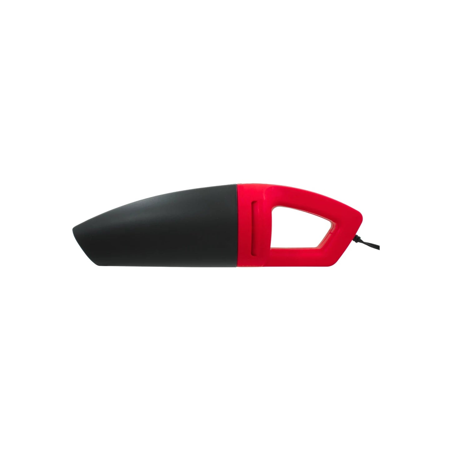 Aspiradora manual 12V para auto, diseño ergonómico en negro y rojo, limpieza interior de vehículos