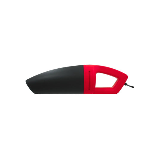 Aspiradora manual 12V para auto, diseño ergonómico en negro y rojo, limpieza interior de vehículos