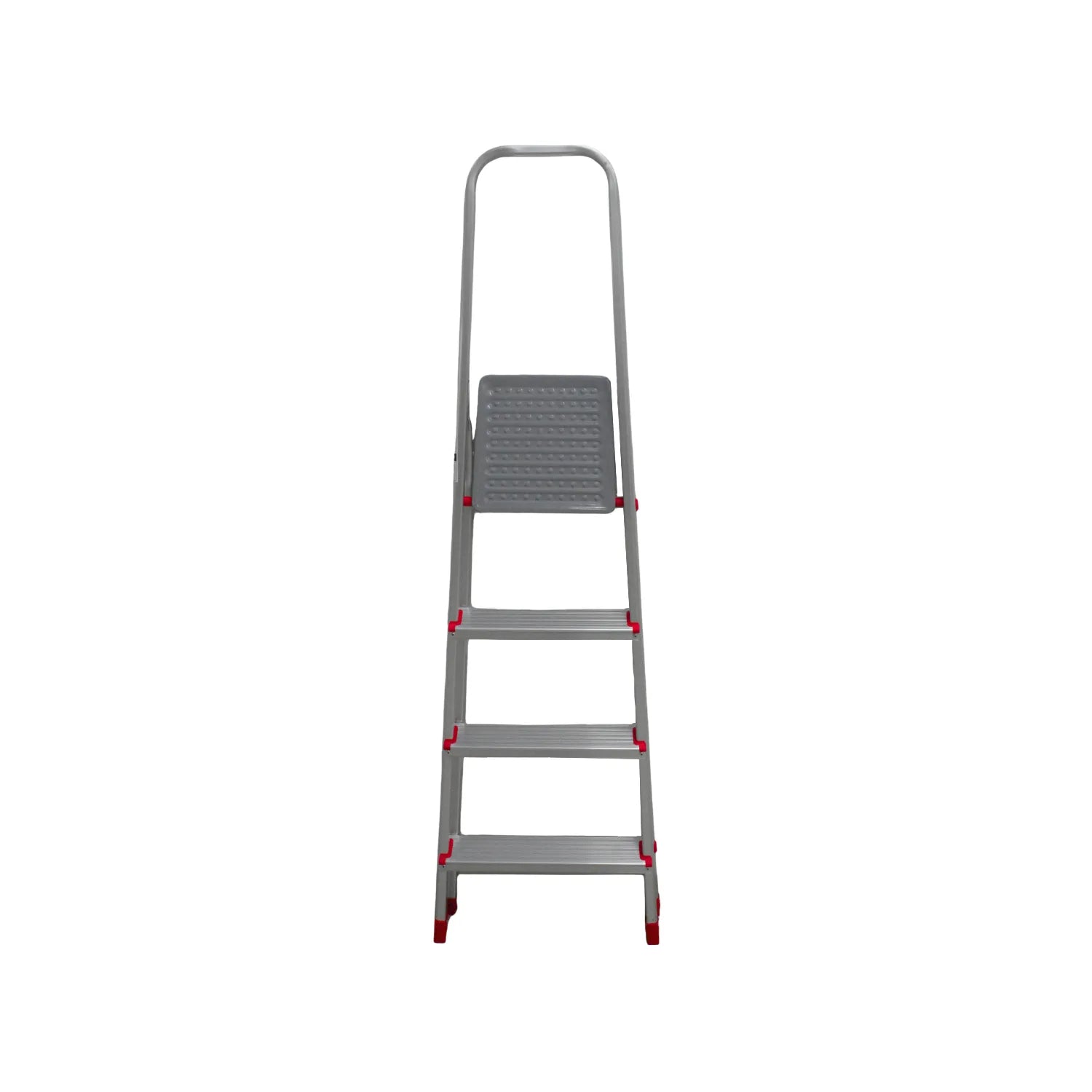 Escalera metálica plegable de 4 peldaños color gris con detalles rojos y barandal de seguridad para hogar