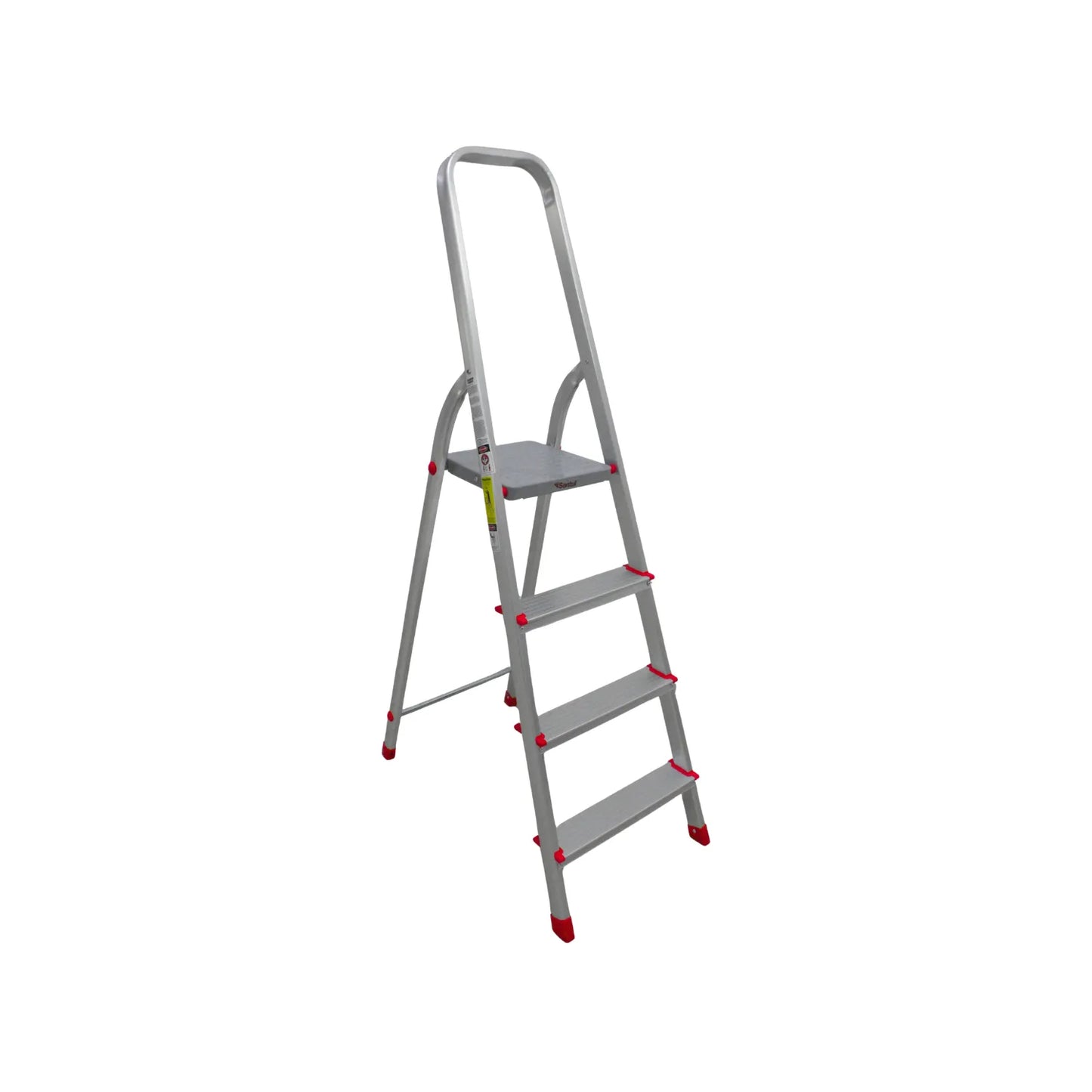 Escalera de tijera plegable 4 peldaños aluminio con arco de seguridad y tacos antideslizantes rojos para hogar.