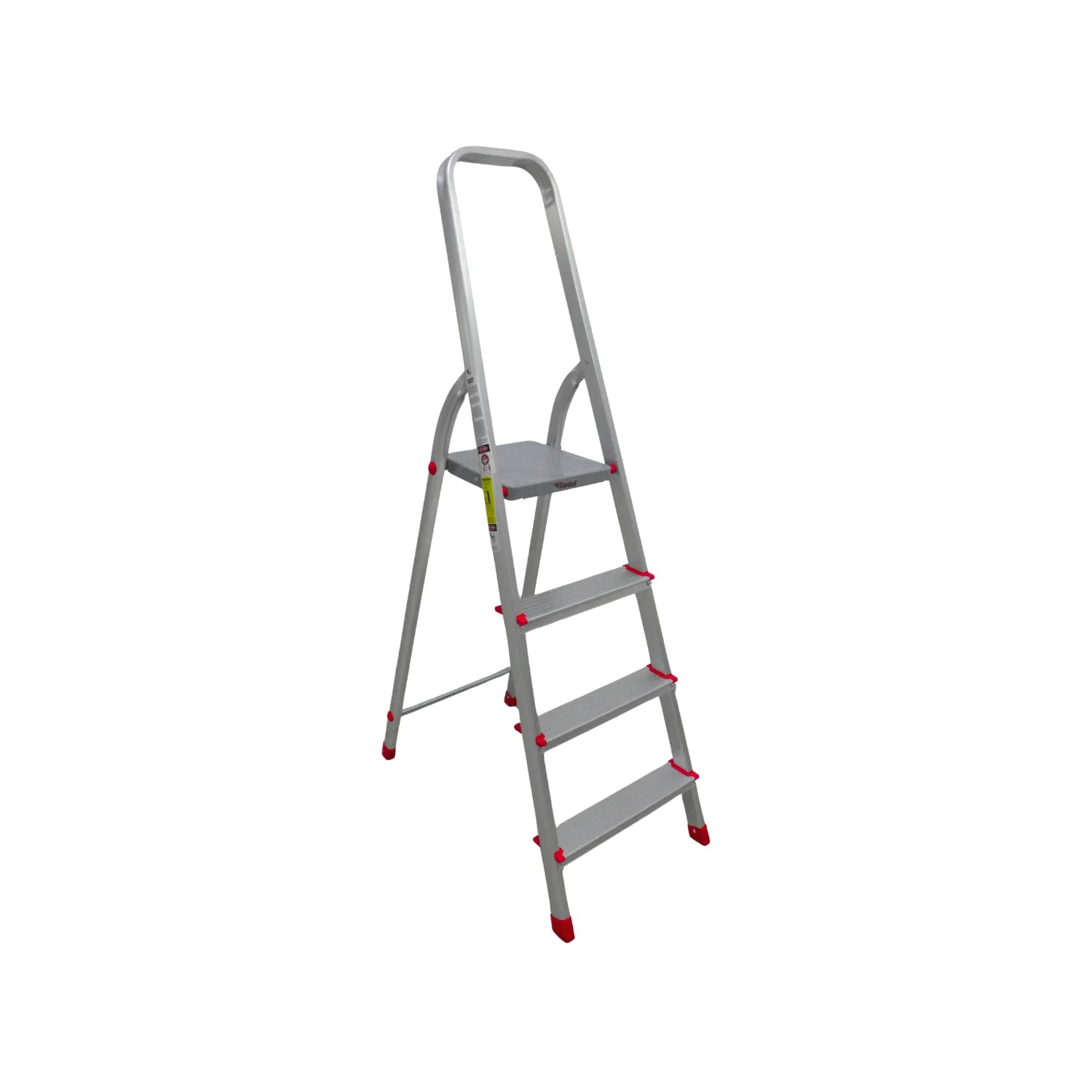 Escalera de tijera plegable 4 peldaños aluminio con arco de seguridad y tacos antideslizantes rojos para hogar.