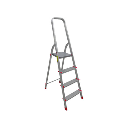Escalera de tijera plegable 4 peldaños aluminio con arco de seguridad y tacos antideslizantes rojos para hogar.