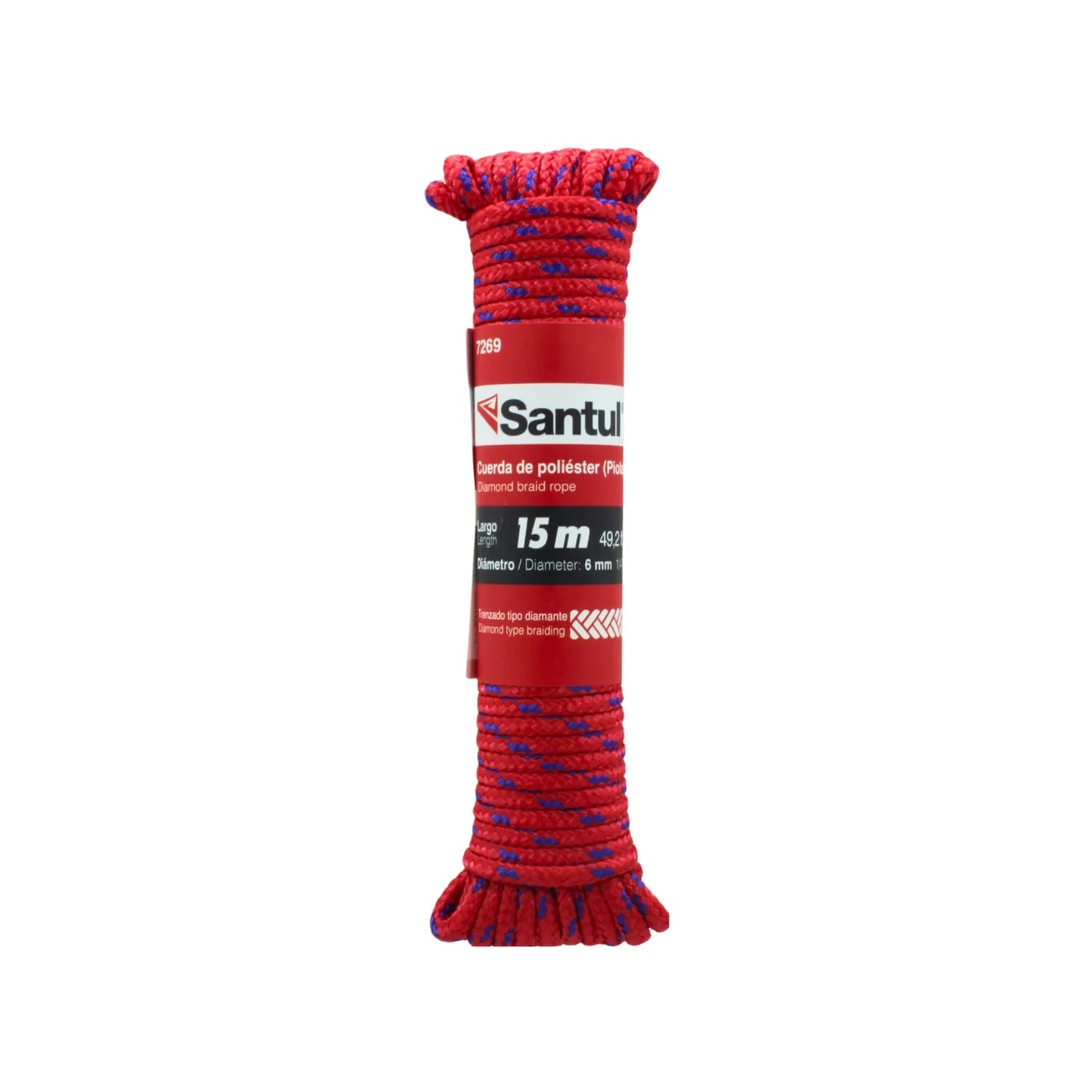 Cuerda Santul de poliéster roja 6mm (1/4") x 15 metros, trenzado diamante