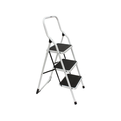 Escalera taburete plegable Santul de 3 peldaños, estructura blanca y peldaños negros antideslizantes con asa.