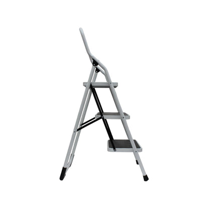Escalera taburete plegable de 3 peldaños gris claro con superficie antideslizante, ideal para tareas en hogar.
