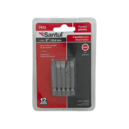 Juego 5 puntas planas Santul para desarmador, acero cromo vanadio 1/4" (6.35mm) x 2" (50.8mm) tratado térmicamente