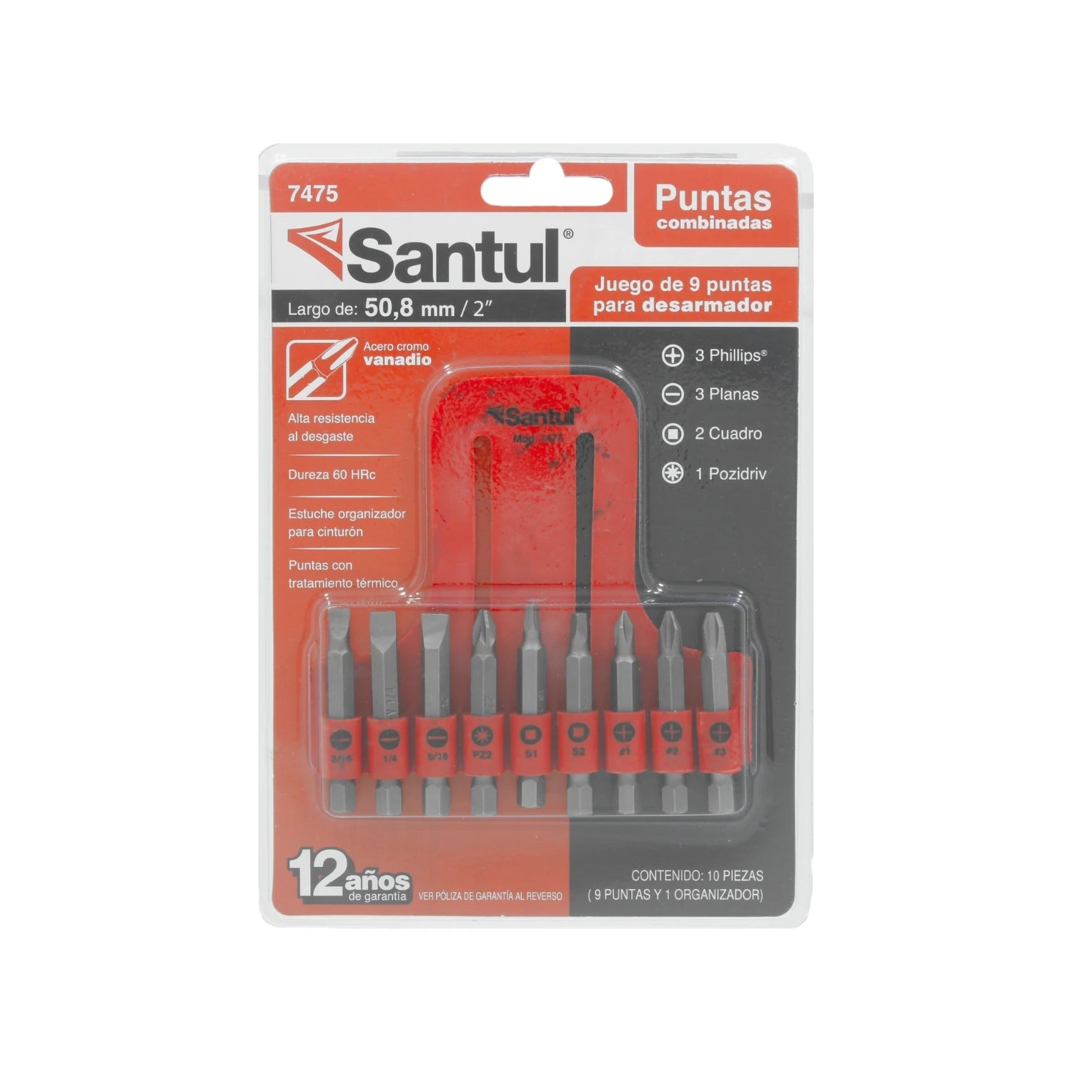 Juego de 9 puntas desarmador Santul 50.8mm. Acero cromo vanadio: Phillips, planas, cuadro, Pozidriv con estuche rojo.