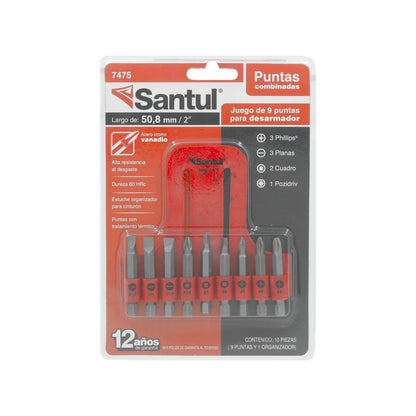Juego de 9 puntas desarmador Santul 50.8mm. Acero cromo vanadio: Phillips, planas, cuadro, Pozidriv con estuche rojo.