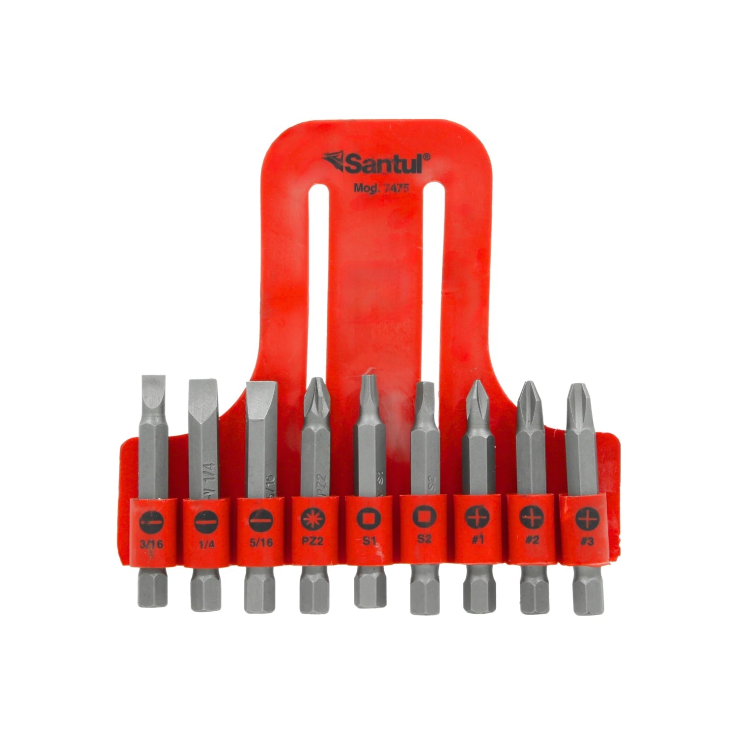 Juego de 9 puntas Santul 7475 para desarmador: planas, Phillips #1-3, Pozi PZ2, cuadradas S1-S2 con soporte rojo.