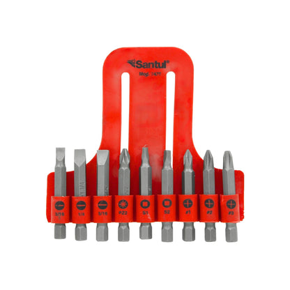 Juego de 9 puntas Santul 7475 para desarmador: planas, Phillips #1-3, Pozi PZ2, cuadradas S1-S2 con soporte rojo.
