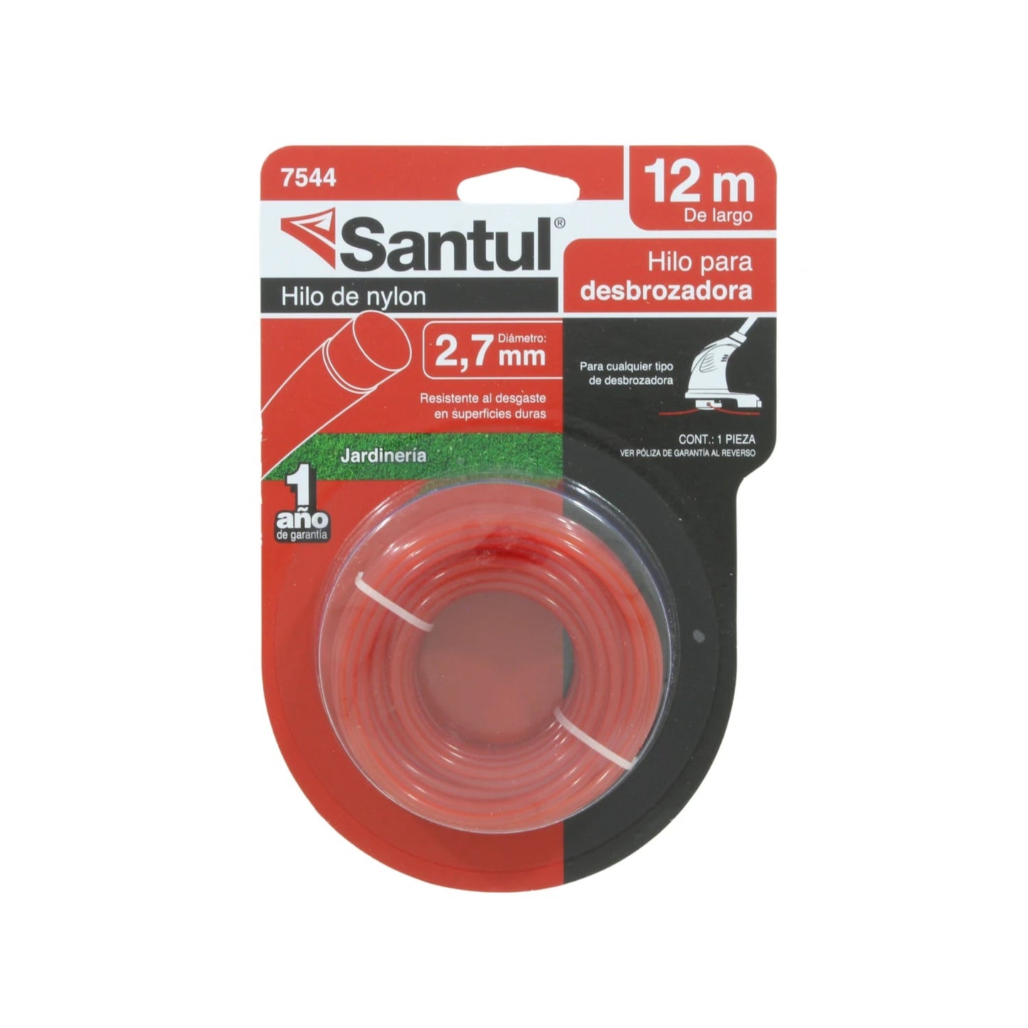 Hilo para desbrozadora Santul de nylon rojo 2.7mm x 12m, resistente al desgaste en jardinería