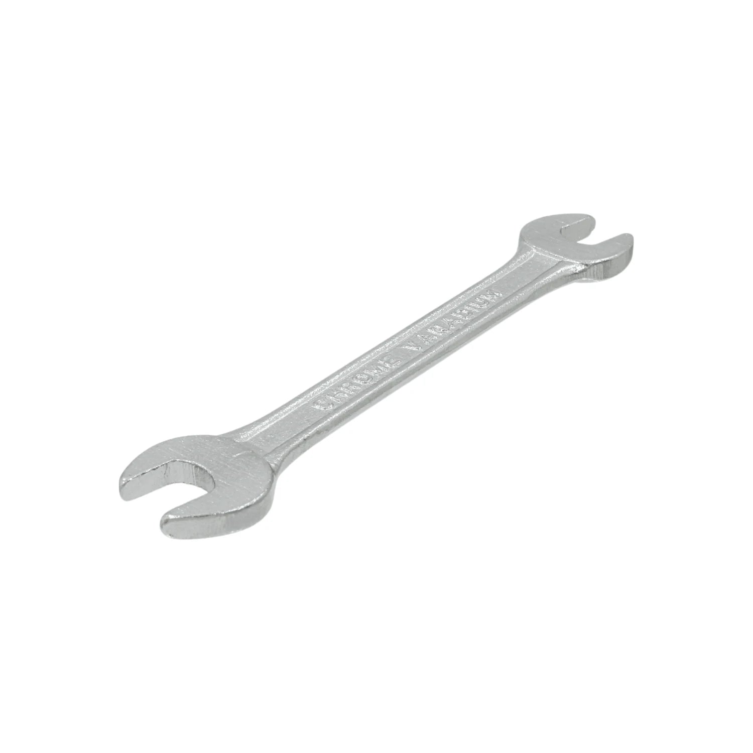 Llave española de doble boca fija cromo vanadio plateada para trabajos de apriete y ajuste.