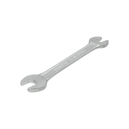 Llave española de doble boca fija cromo vanadio plateada para trabajos de apriete y ajuste.