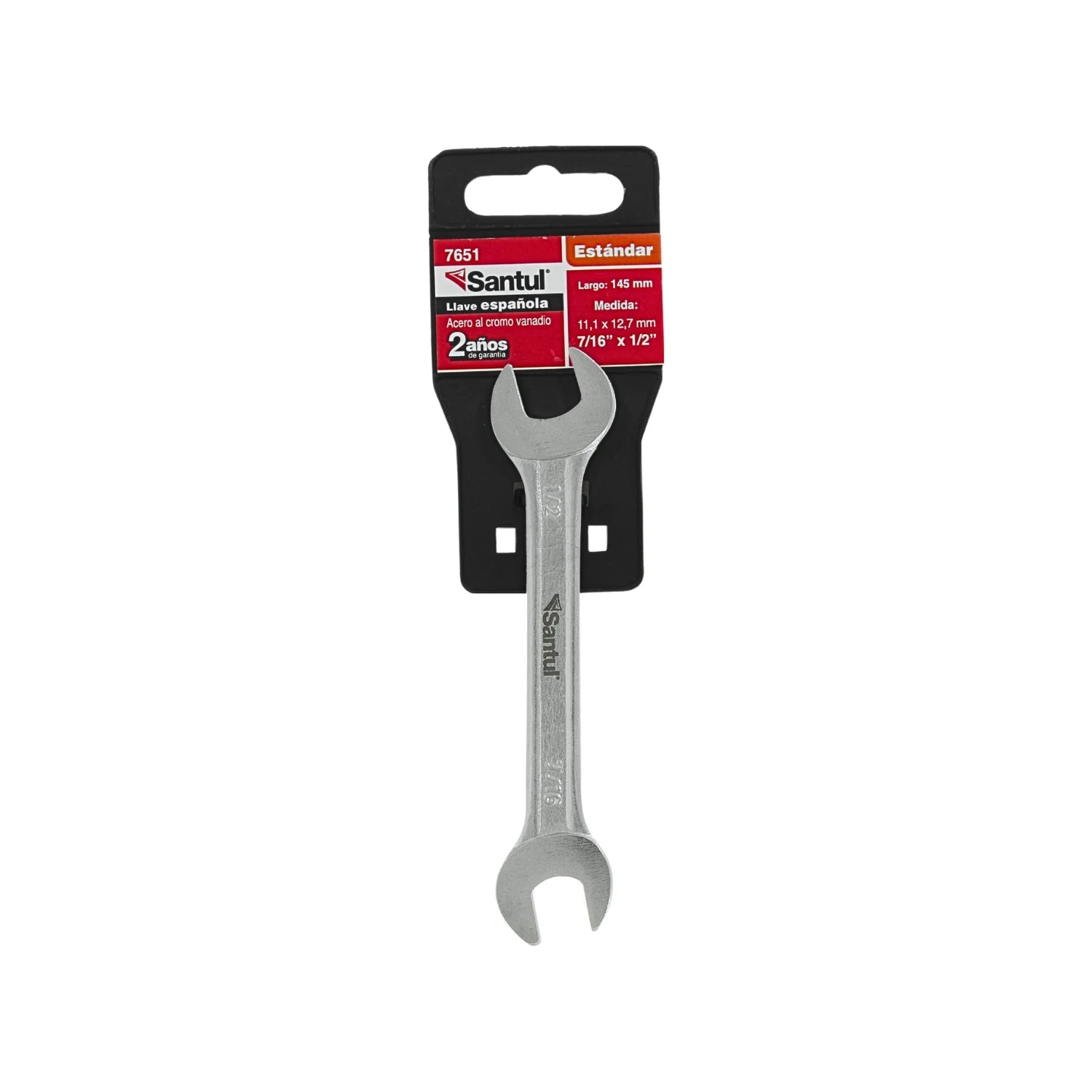 Llave española Santul 7651 estándar 7/16 x 1/2 pulgada, acero cromo vanadio, 145mm, acabado metálico.