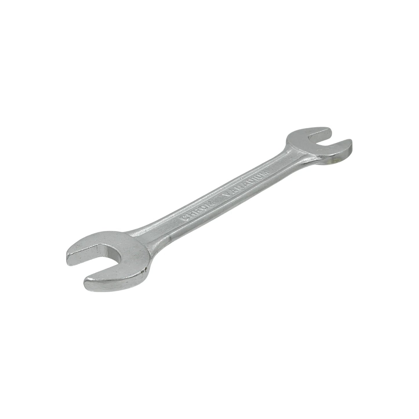 Llave española de cromo vanadio plateada, doble boca, para apriete y ajuste.