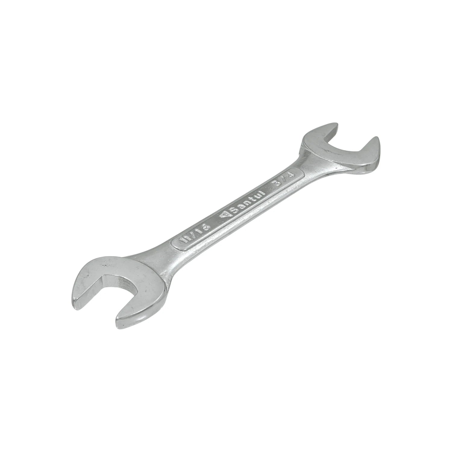 Llave española Santul 11/16 x 3/4 pulgadas, doble boca estándar, herramienta manual plateada para apriete y ajuste.