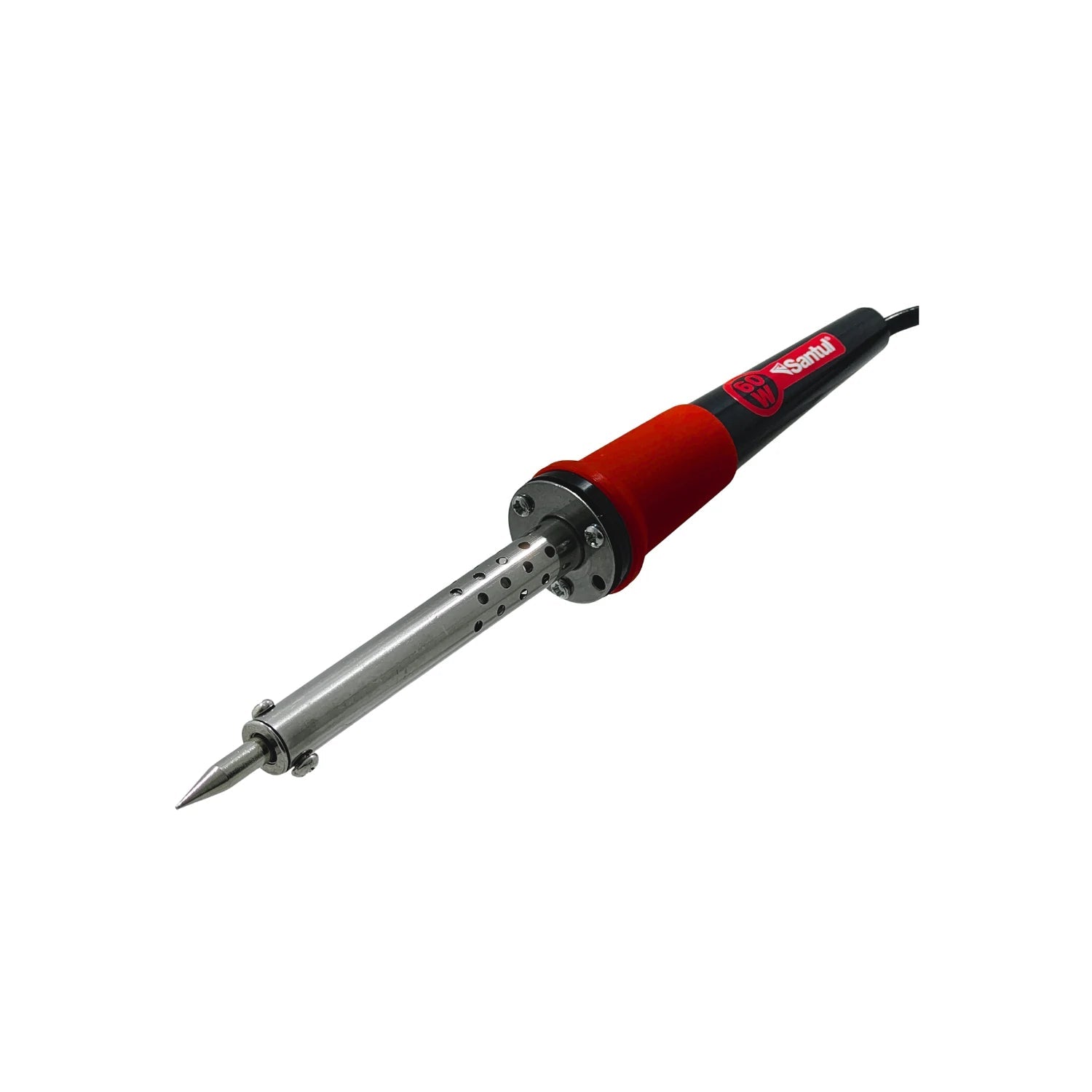 Cautín tipo lápiz Santul 60W con mango rojo para soldadura electrónica y trabajos de precisión.