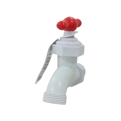Llave de nariz plástica blanca con manija roja, con rosca para manguera