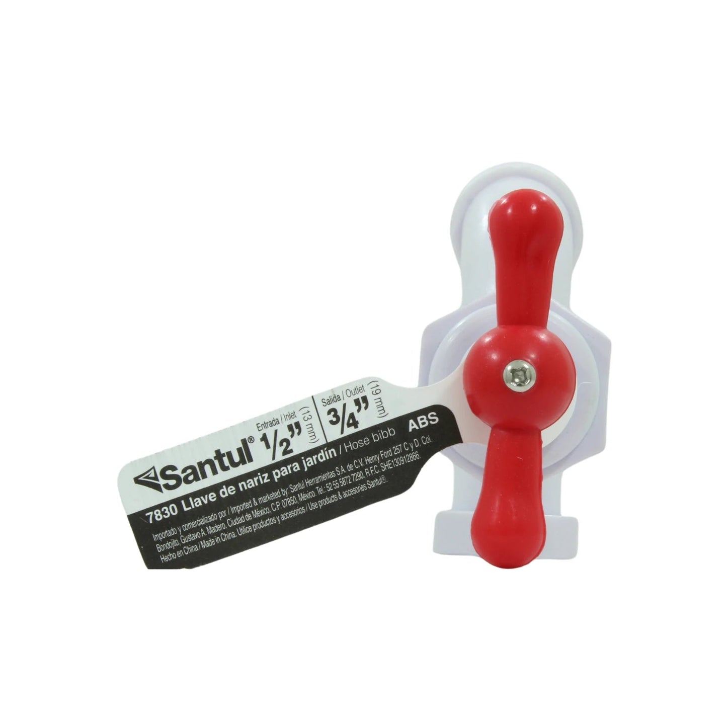 Llave de nariz Santul 7830 de ABS blanca con manija roja, entrada 1/2 pulgada, salida 3/4 para jardín
