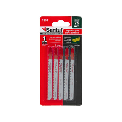 Seguetas caladora Santul 7852 para madera, 5 piezas tipo T, 75mm, 8 dpp, cortes rápidos y precisos