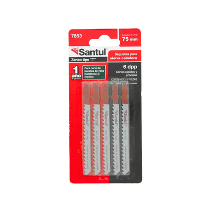 Segueta para caladora corte madera/plástico 5 piezas tipo "T" Santul 7853