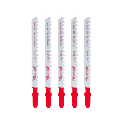 5 seguetas para caladora Santul 7853 tipo T, para corte de madera, yeso y plástico, con mangos rojos