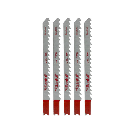 Juego de 5 seguetas Santul Mod. 7856 para caladora, corte de madera, color gris con base roja.