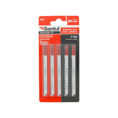 Juego de 5 seguetas Santul 7857 tipo U para sierra caladora, 80mm, 6 dpp, corte recto en madera