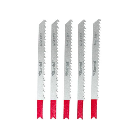 Seguetas caladora Santul 7857 tipo U para madera y plástico, paquete 5 piezas plateadas con base roja